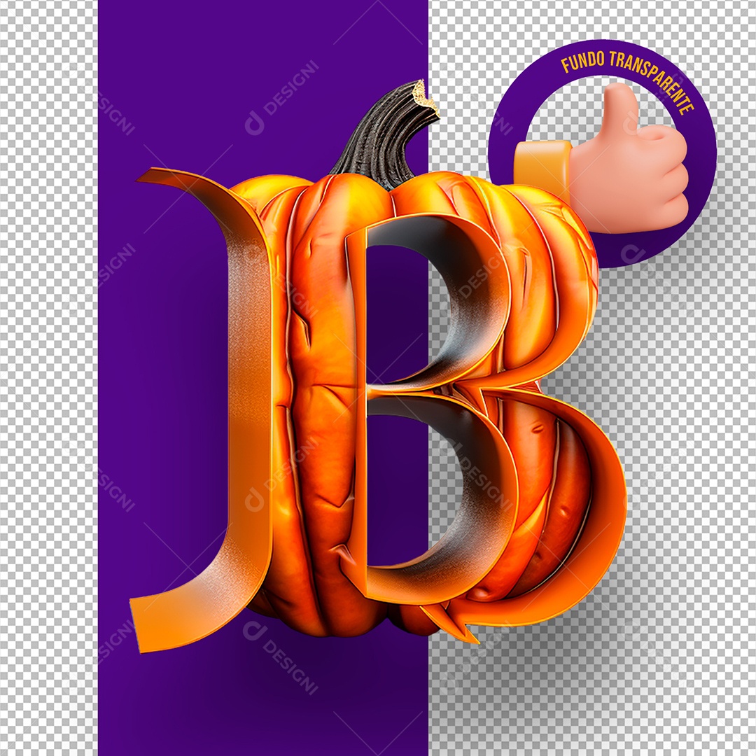 Letra B Maiúscula com Textura de Abóbora Decoração de Halloween Elemento 3D para Composição PSD
