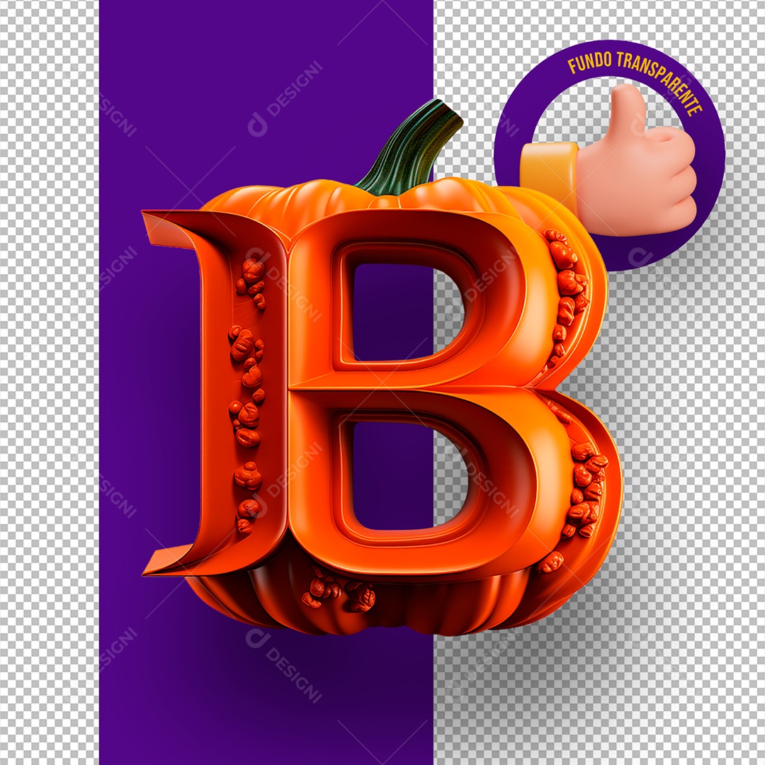 Letra B Maiúscula com Textura de Abóbora Decoração de Halloween Elemento 3D para Composição PSD