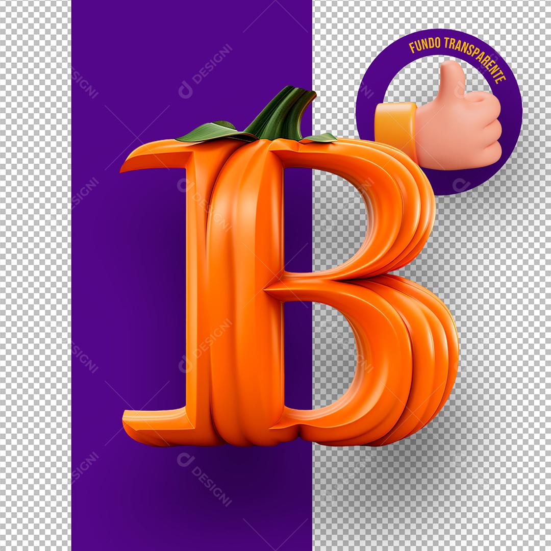 Letra B Maiúscula com Textura Abóbora Decoração de Halloween Elemento 3D para Composição PSD