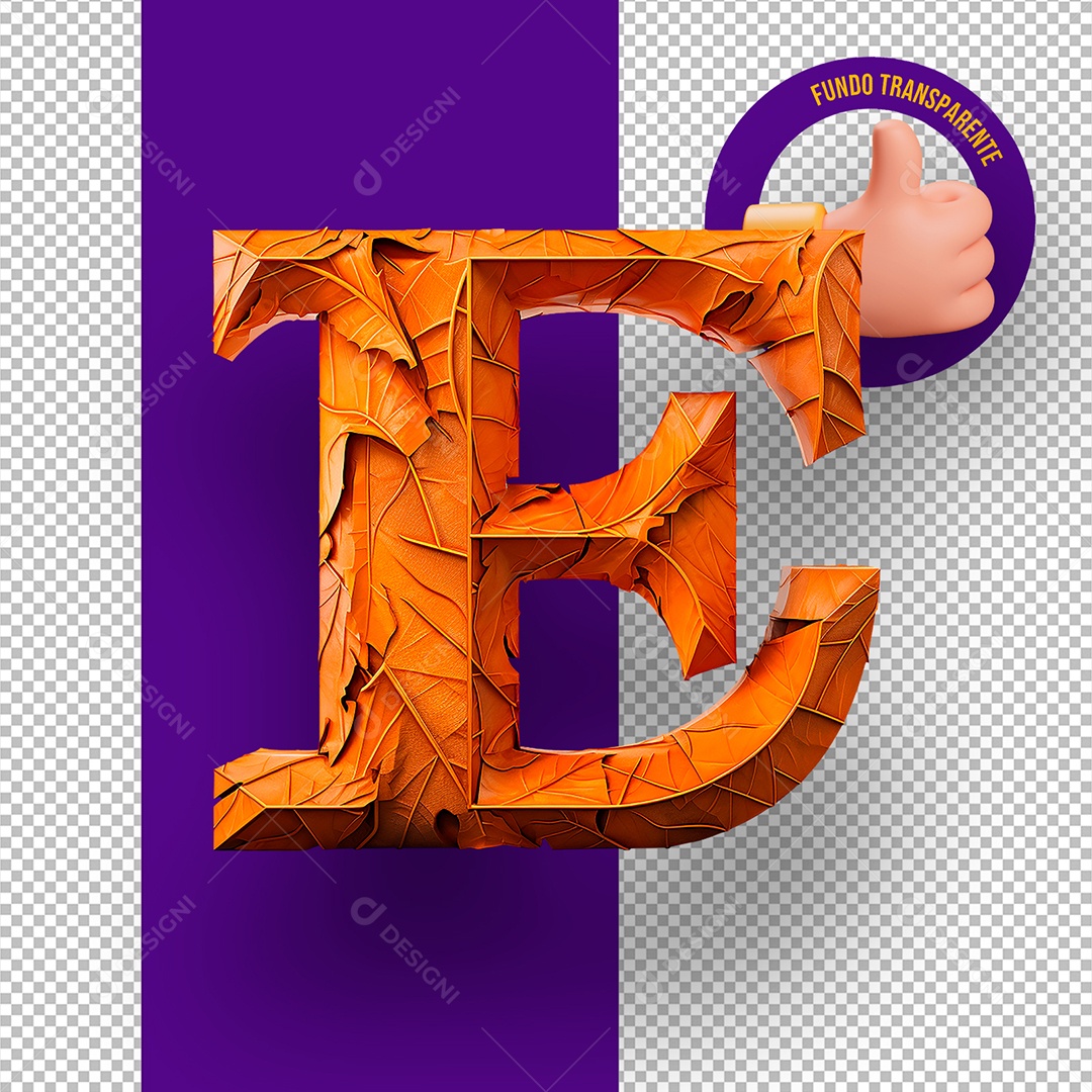 Letra E Maiúscula com Textura de Folhas Decoração de Halloween Elemento 3D para Composição PSD