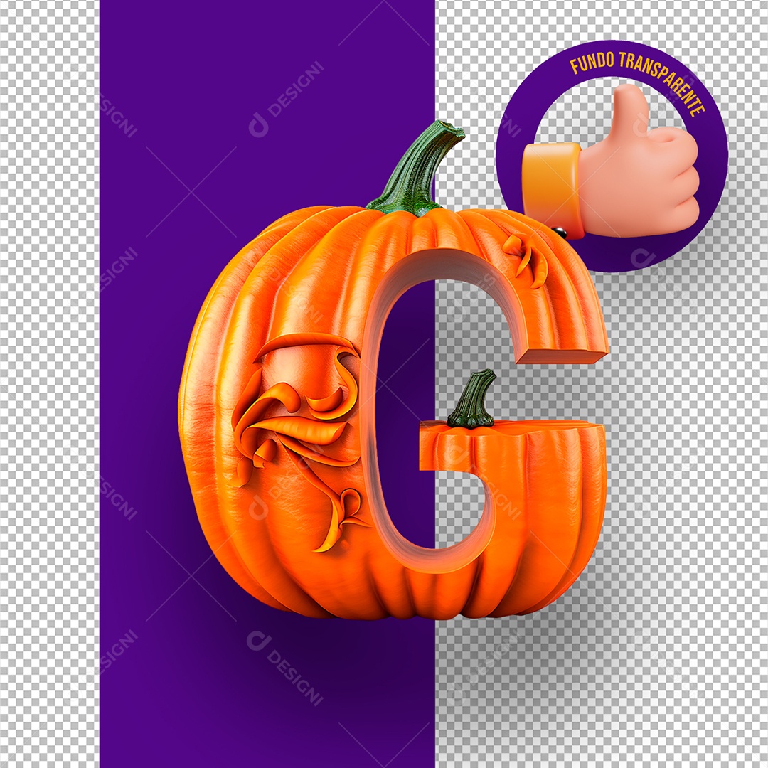 Letra G Maiúscula com Textura de Abóbora Decoração de Halloween Elemento 3D para Composição PSD