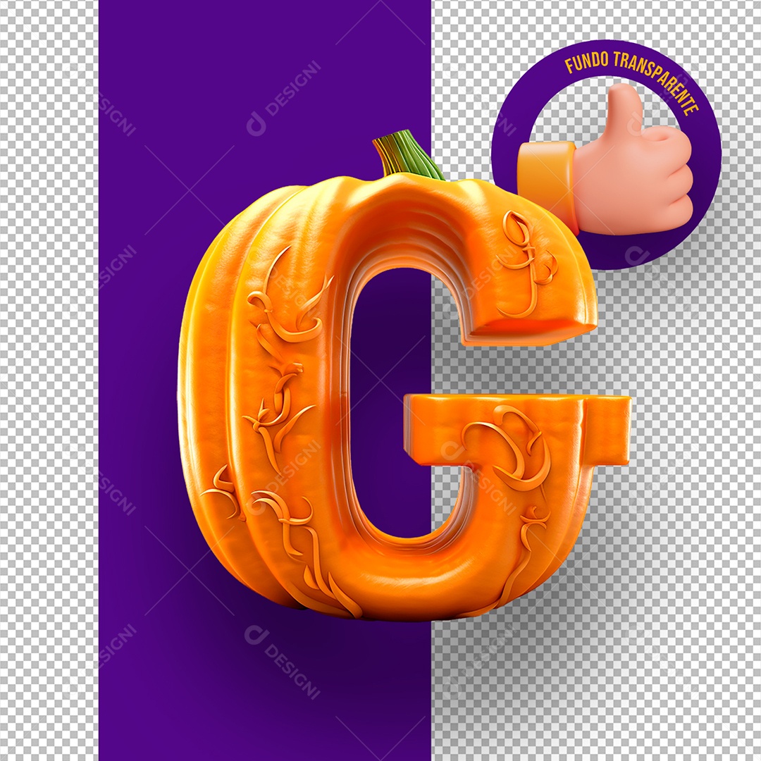 Letra G Maiúscula com Textura de Abóbora Decoração de Halloween Elemento 3D para Composição PSD