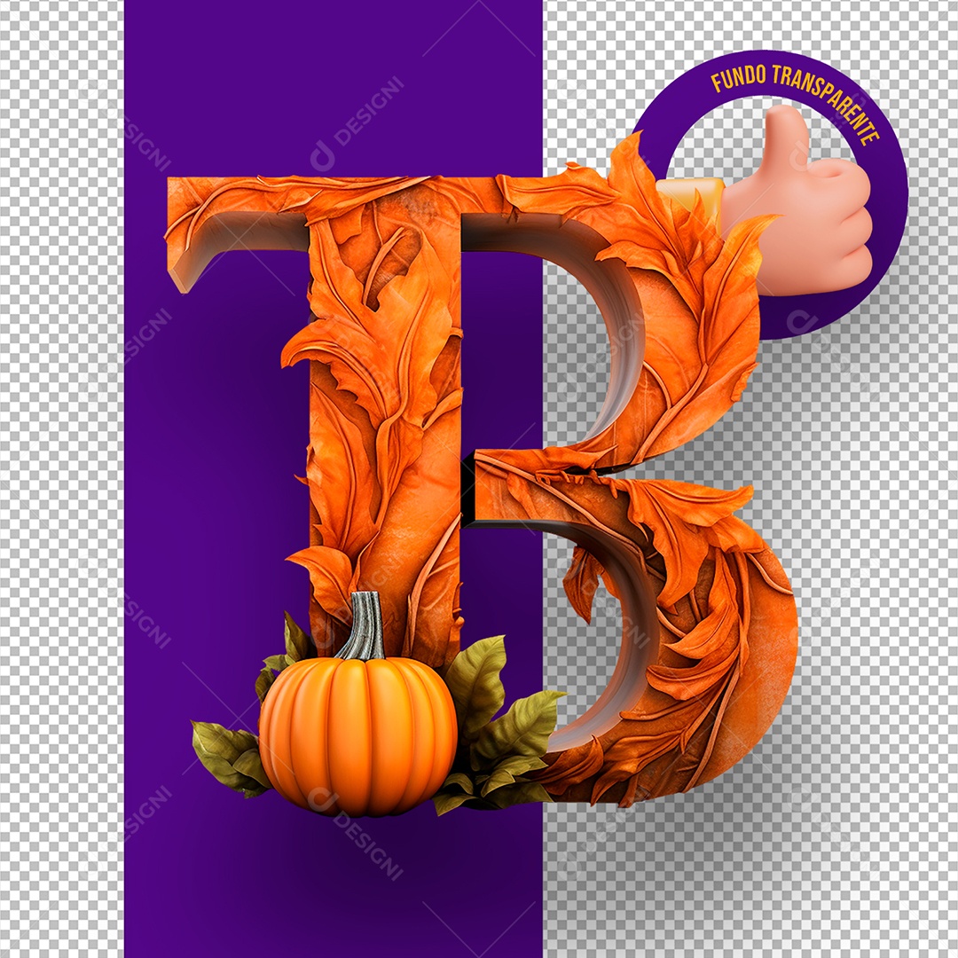 Letra B Maiúscula com Textura de Abóbora Decoração de Halloween Elemento 3D para Composição PSD