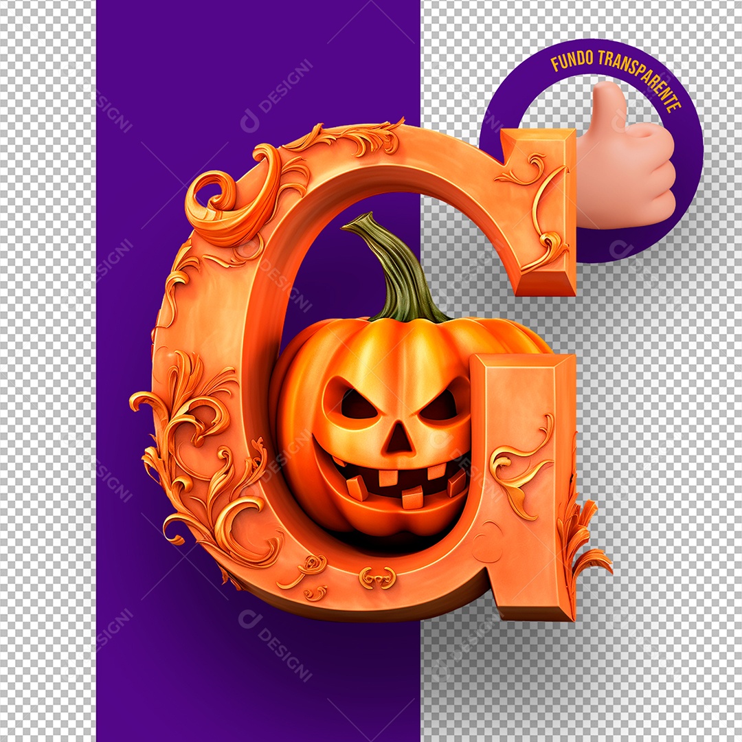 Letra G Maiúscula com Textura de Abóbora Decoração de Halloween Elemento 3D para Composição PSD