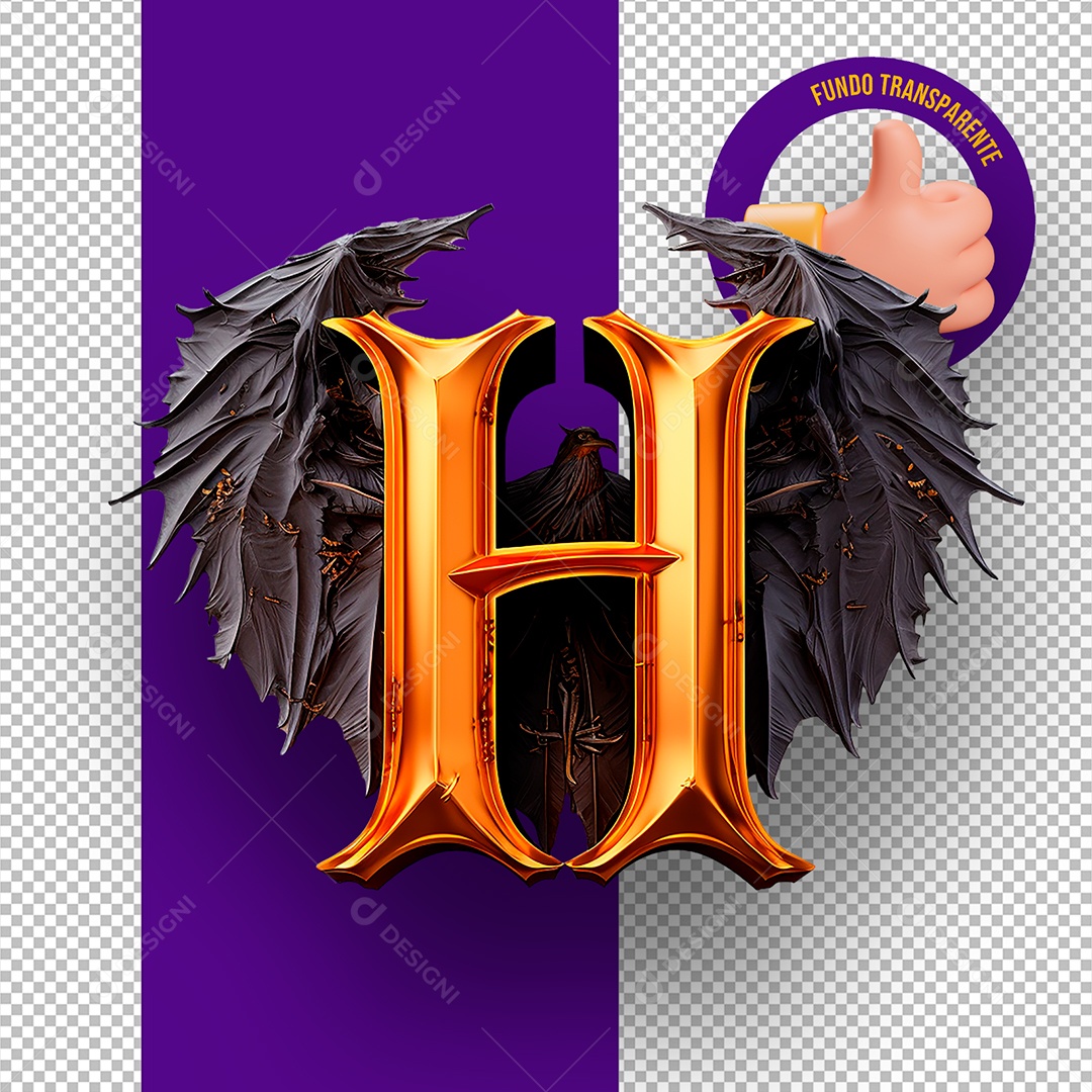 Letra H Maiúscula com Decoração Monstruosa de Halloween Elemento 3D para Composição PSD