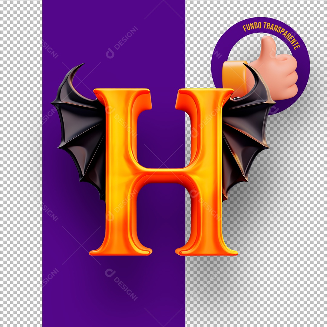 Letra H Maiúscula com Assas de Morcego Decoração de Halloween Elemento 3D para Composição PSD