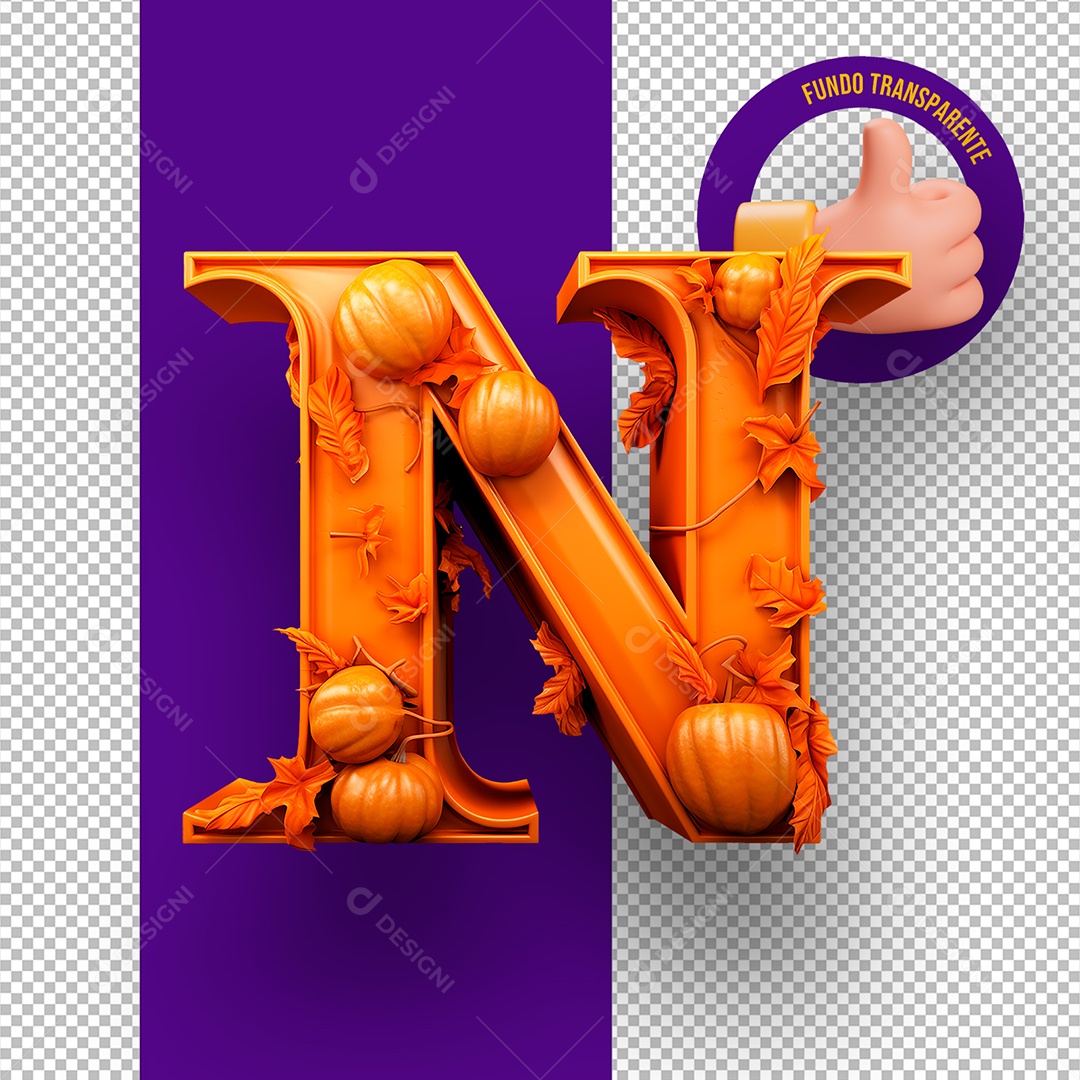 Letra N Maiúscula com Textura de Abóboras Decoração de Halloween Elemento 3D para Composição PSD