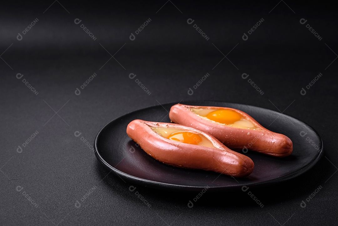 Conceito composto de ovos fritos dentro de uma salsicha cortada com especiarias em uma placa de cerâmica preta sobre um fundo escuro de concreto