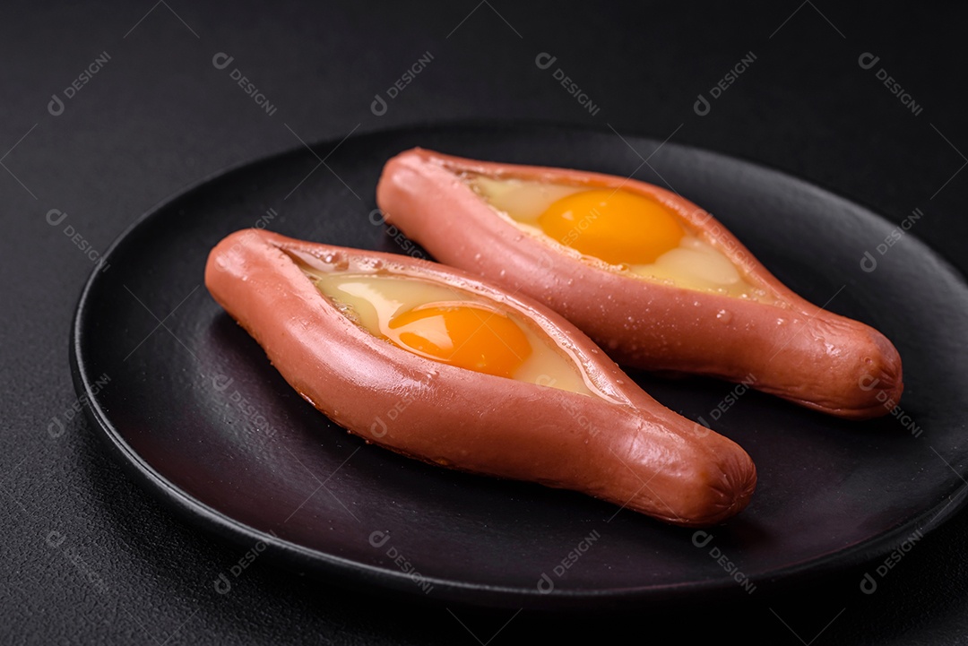 Conceito composto de ovos fritos dentro de uma salsicha cortada com especiarias em uma placa de cerâmica preta sobre um fundo escuro de concreto