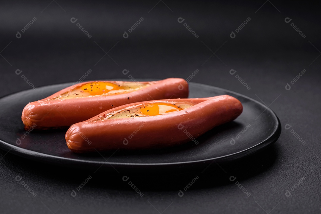 Conceito composto de ovos fritos dentro de uma salsicha cortada com especiarias em uma placa de cerâmica preta sobre um fundo escuro de concreto