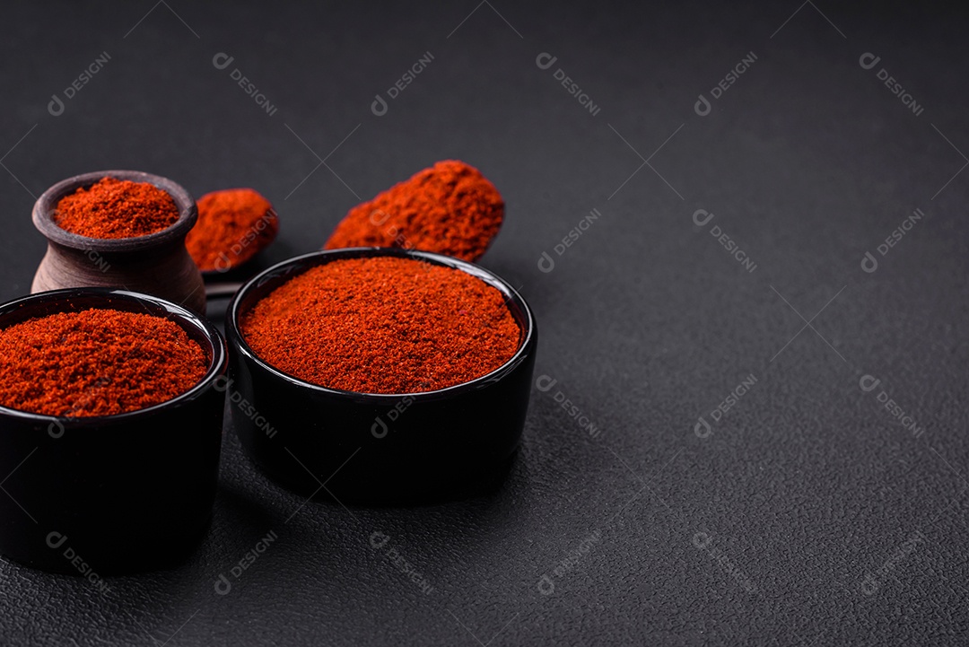 Tempere a páprica defumada em forma de pó em tigelas e colheres sobre um fundo escuro de concreto. Ingredientes da culinária asiática