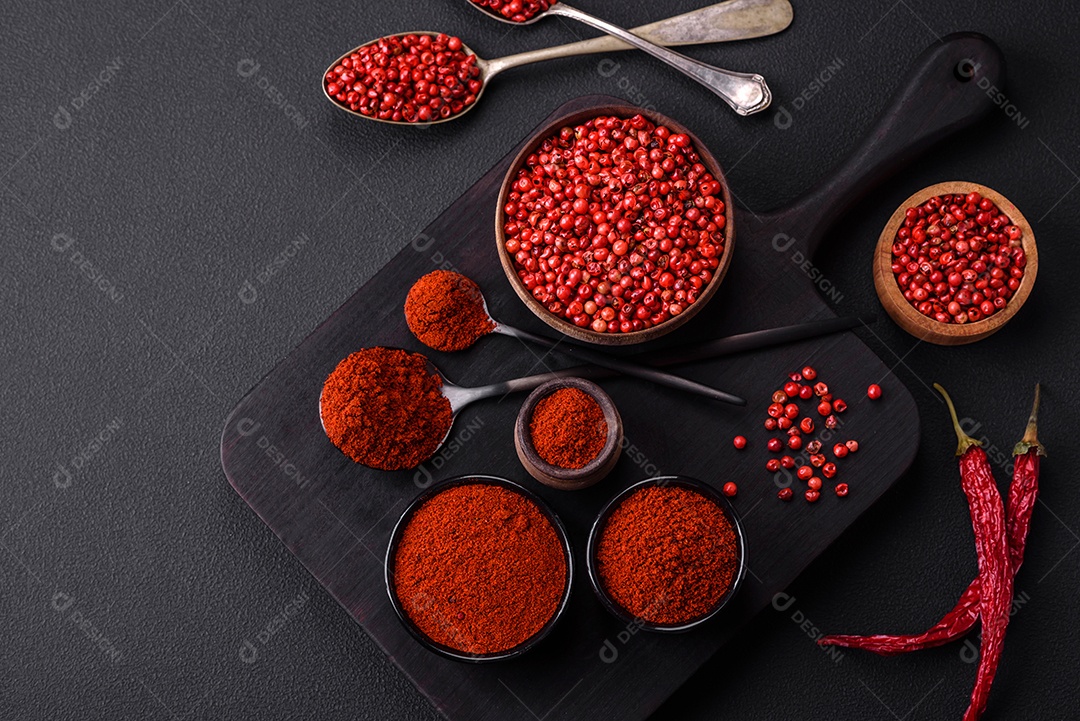 Tempere a páprica defumada em forma de pó em tigelas e colheres sobre um fundo escuro de concreto. Ingredientes da culinária asiática