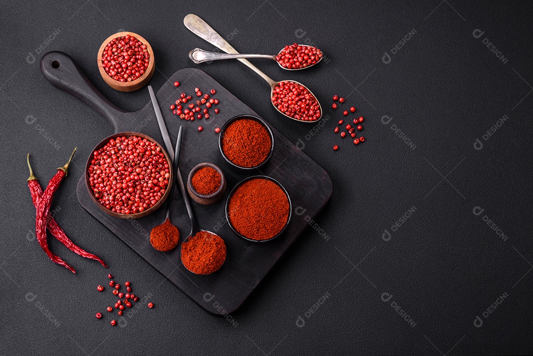 Tempere a páprica defumada em forma de pó em tigelas e colheres sobre um fundo escuro de concreto. Ingredientes da culinária asiática