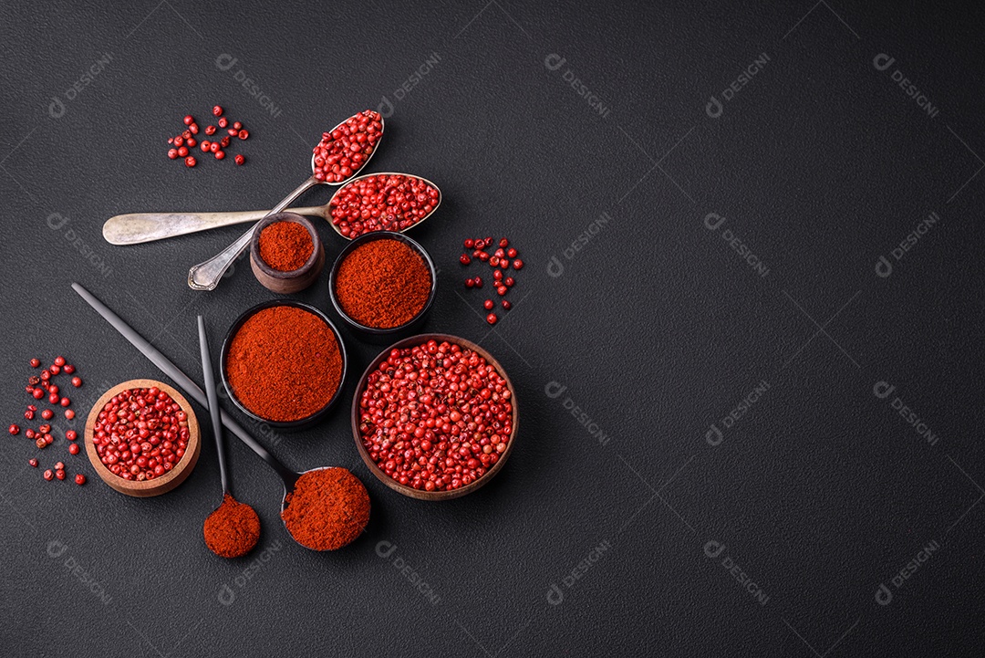 Tempere a páprica defumada em forma de pó em tigelas e colheres sobre um fundo escuro de concreto. Ingredientes da culinária asiática