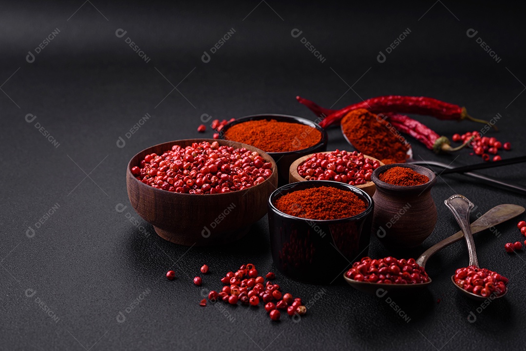 Tempere a páprica defumada em forma de pó em tigelas e colheres sobre um fundo escuro de concreto. Ingredientes da culinária asiática