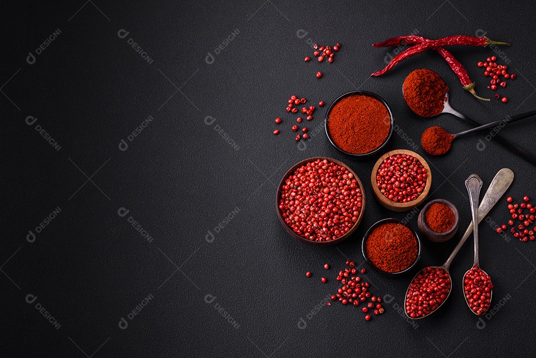 Tempere a páprica defumada em forma de pó em tigelas e colheres sobre um fundo escuro de concreto. Ingredientes da culinária asiática