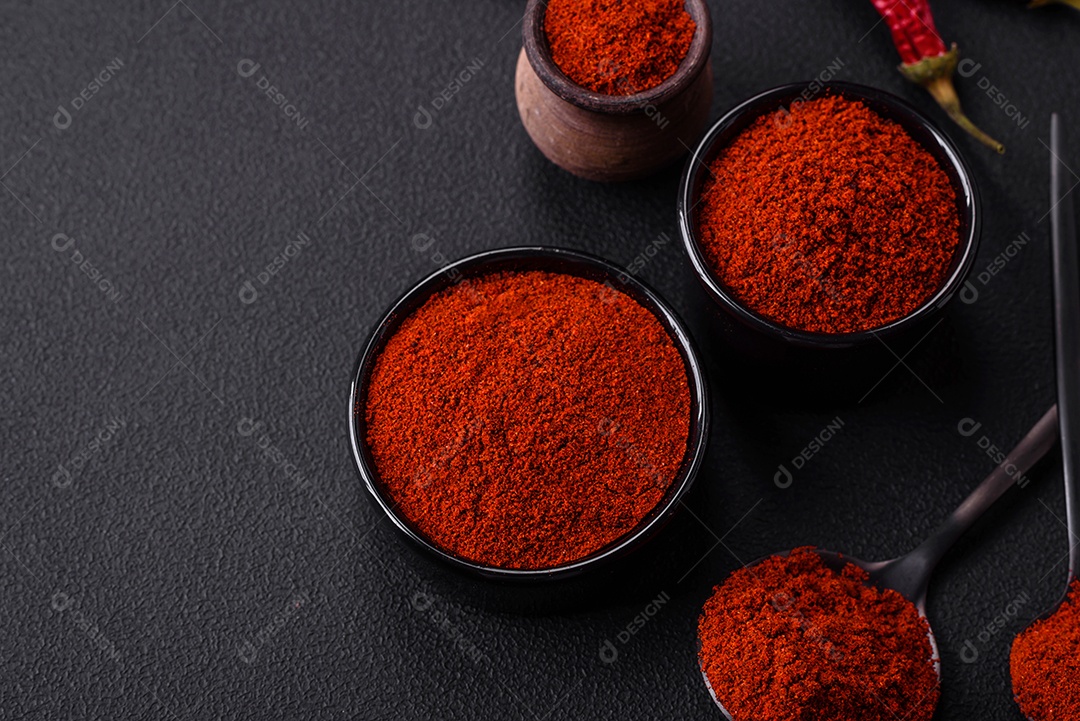 Tempere a páprica defumada em forma de pó em tigelas e colheres sobre um fundo escuro de concreto. Ingredientes da culinária asiática