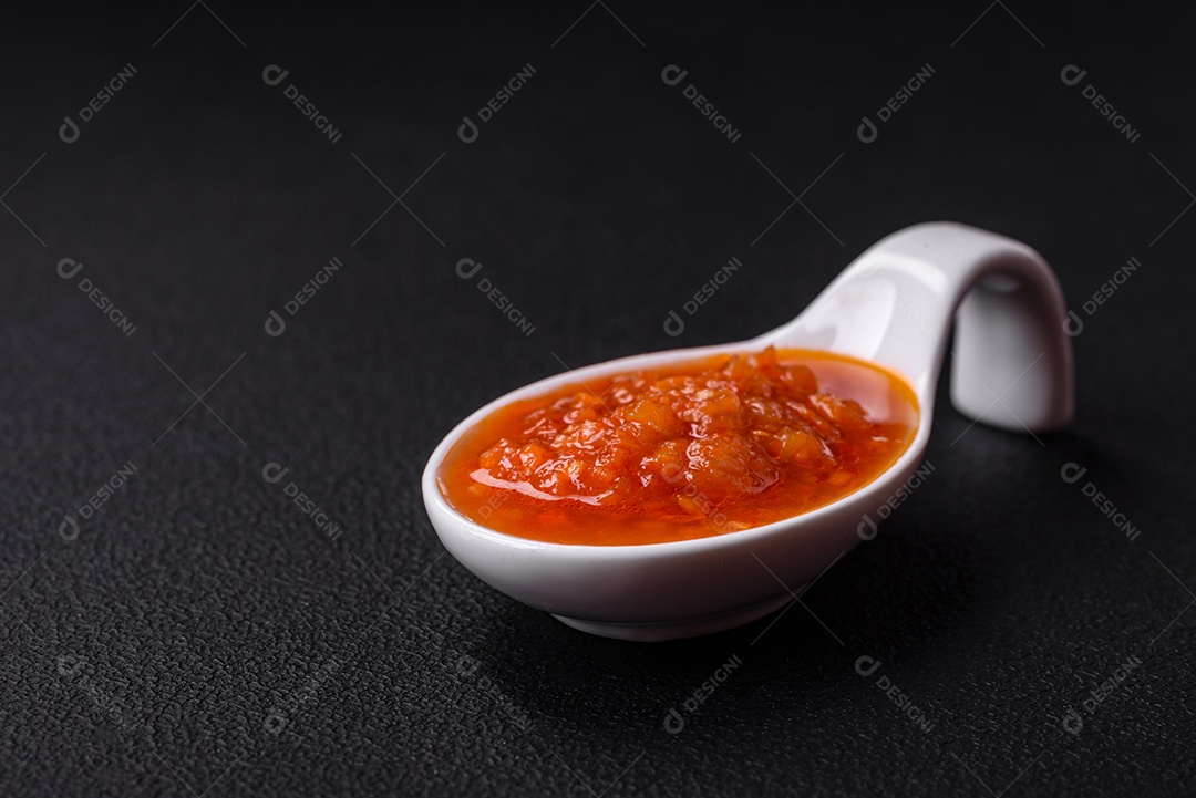 Molho adjika vermelho ou ketchup com especiarias e ervas sobre um fundo escuro de concreto