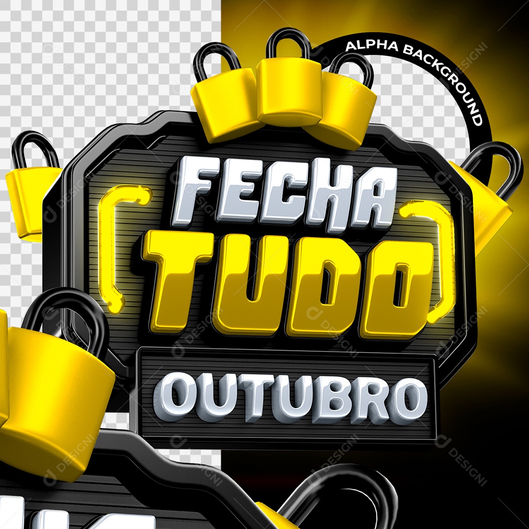 Fecha Tudo Outubro Selo 3D Dourado e Preto para Composição PSD