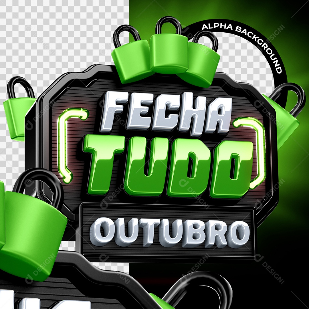 Fecha Tudo Outubro Selo 3D Verde e Preto para Composição PSD