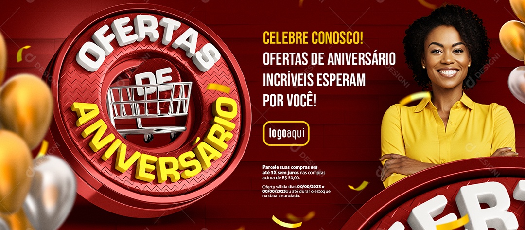 Social Media Banner Ofertas de Aniversário Celebre Conosco Supermercado Lojas PSD Editável