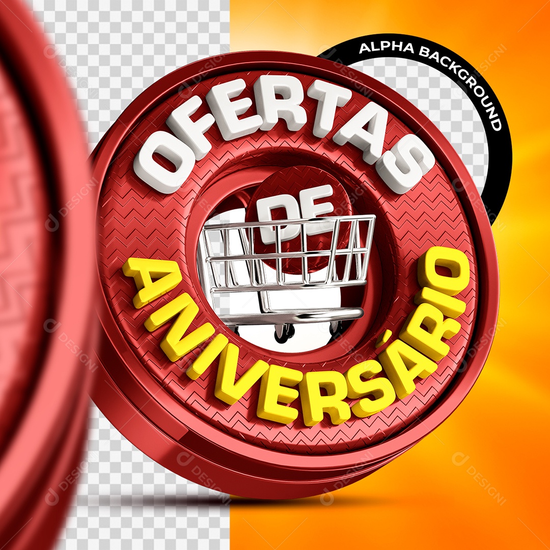 Ofertas de Aniversário Selo 3D Vermelho Branco e Amarelo para Composição PSD
