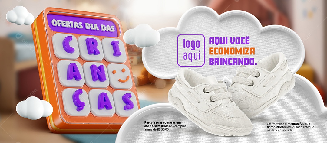 Social Media Banner Ofertas Dia das Crianças Loja de Tênis Aqui Você Economiza Brincando PSD Editável