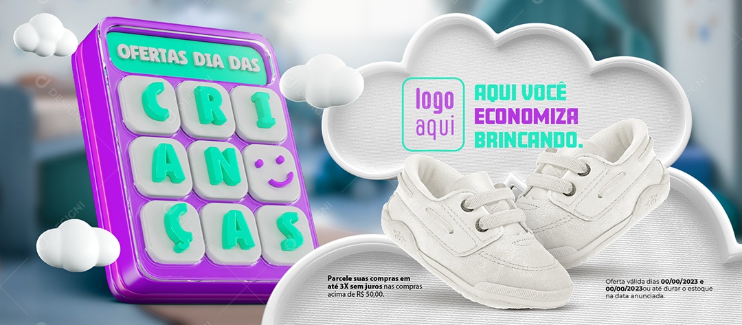 Banner Ofertas Dia das Crianças Loja de Tênis Aqui Você Economiza Brincando Social Media PSD Editável