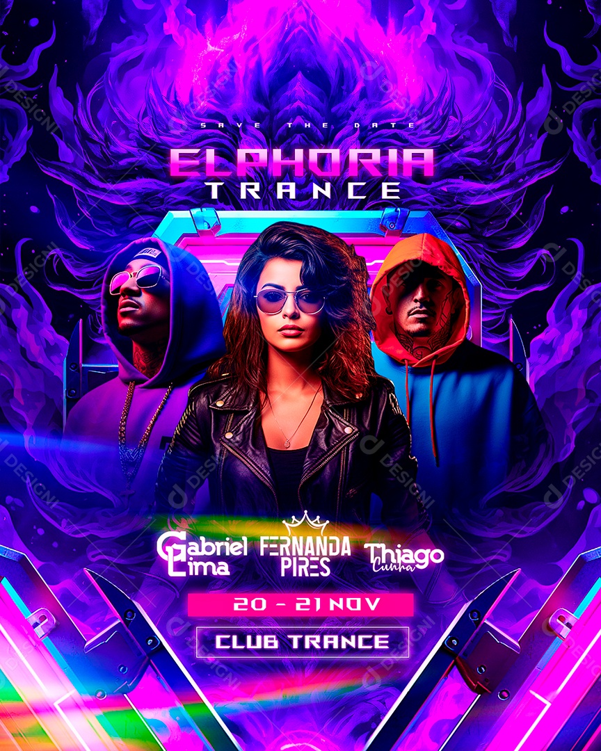 Flyer Elphoria Trance Gabriel Lima Fernanda Pires Thiago Cunha Social Media PSD Editável
