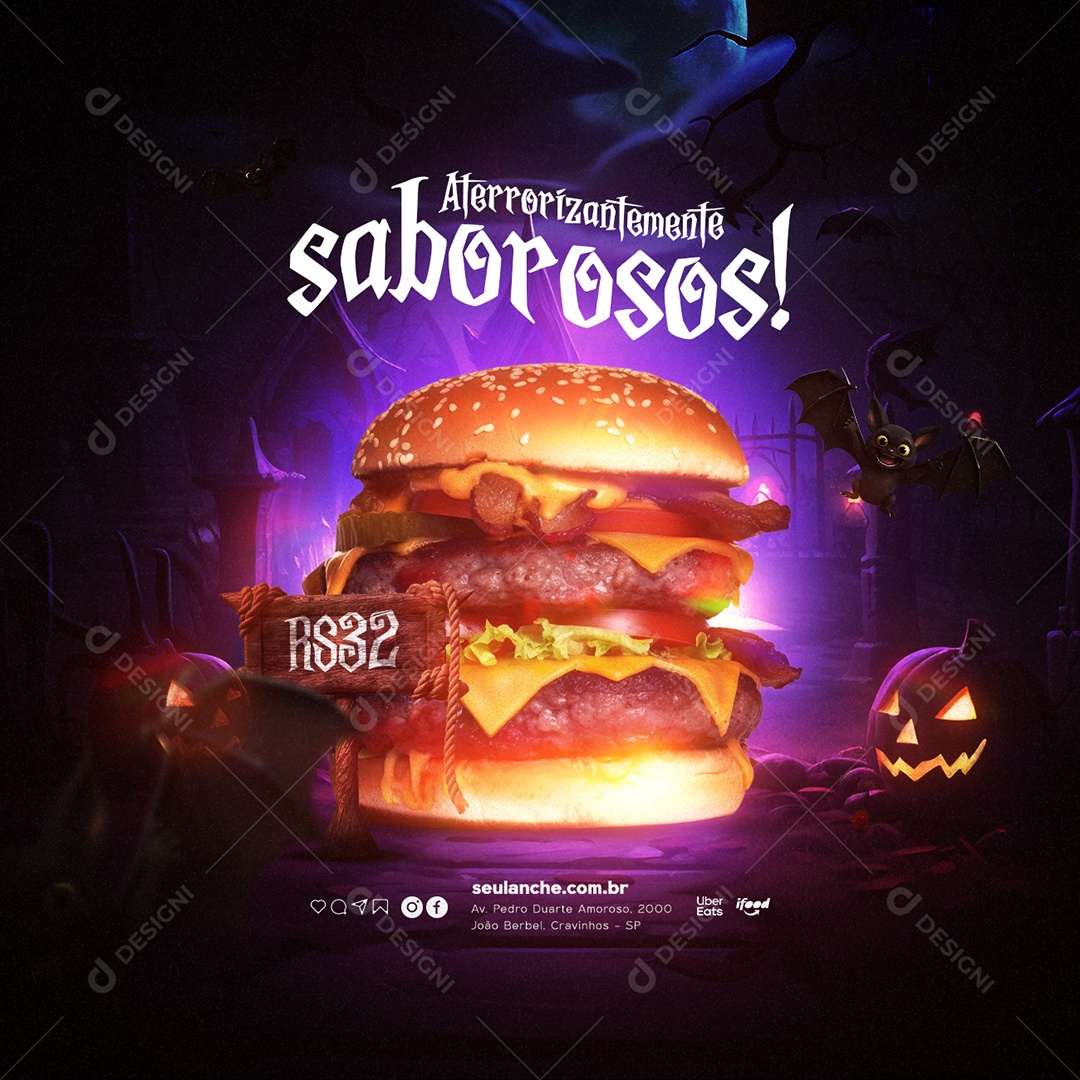 Hamburgueria Halloween Aterrorizantemente Saborosos Social Media PSD Editável