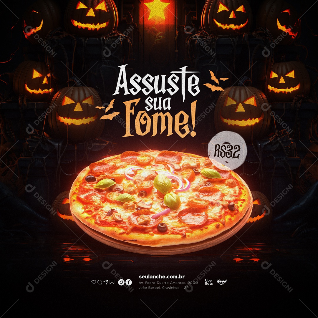 Pizzaria Halloween Assuste sua Fome Social Media PSD Editável