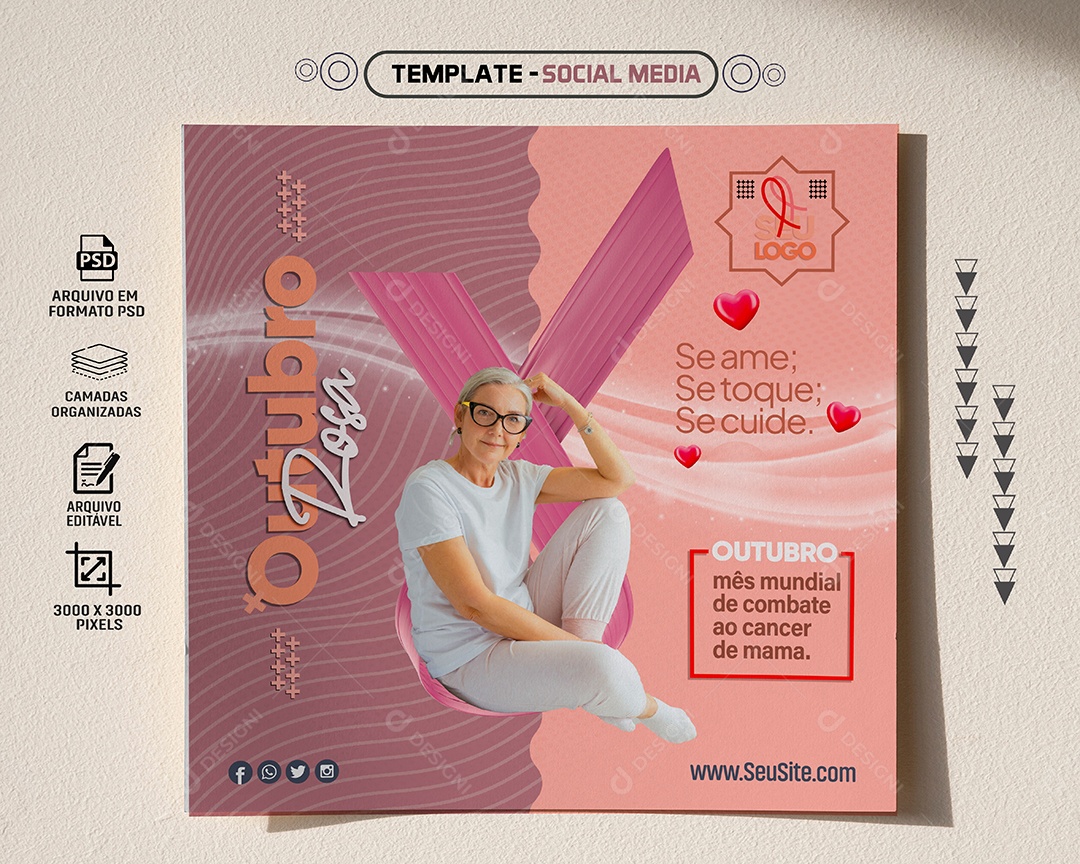 Feed Outubro Rosa Combate Ao Câncer De Mama Social Media PSD Editável