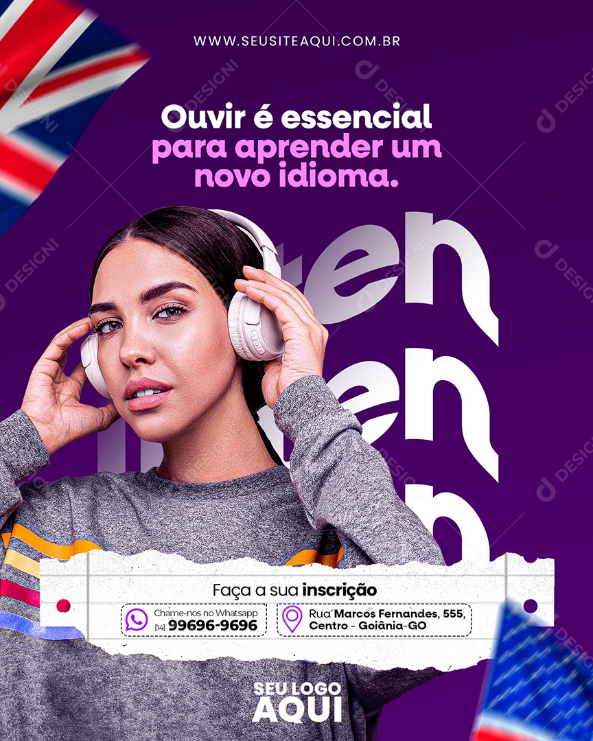 Escola De Idiomas Ouvir é Essencial para Aprender um Novo Idioma Social Media PSD Editável