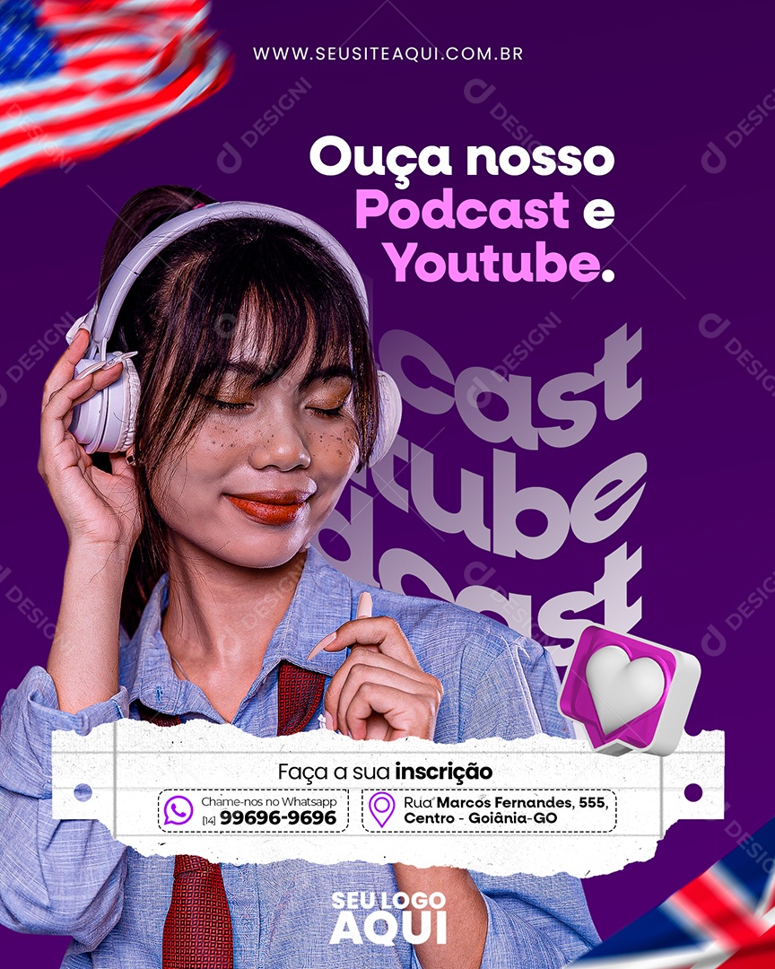 Escola De Idiomas Ouça nosso Podcast e Youtube Aulas de Inglês Social Media PSD Editável