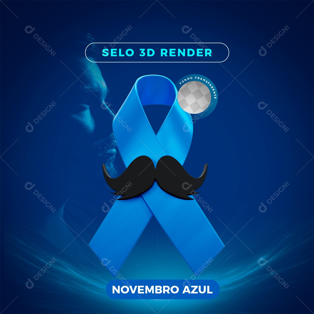 Novembro Azul Laço Bigode Selo 3D para Composição PSD