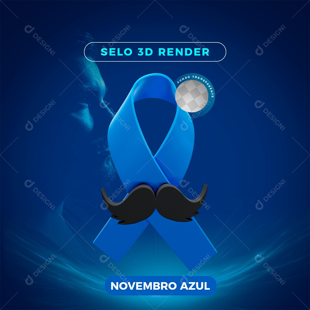 Selo 3D Novembro Azul Laço Bigode para Composição PSD