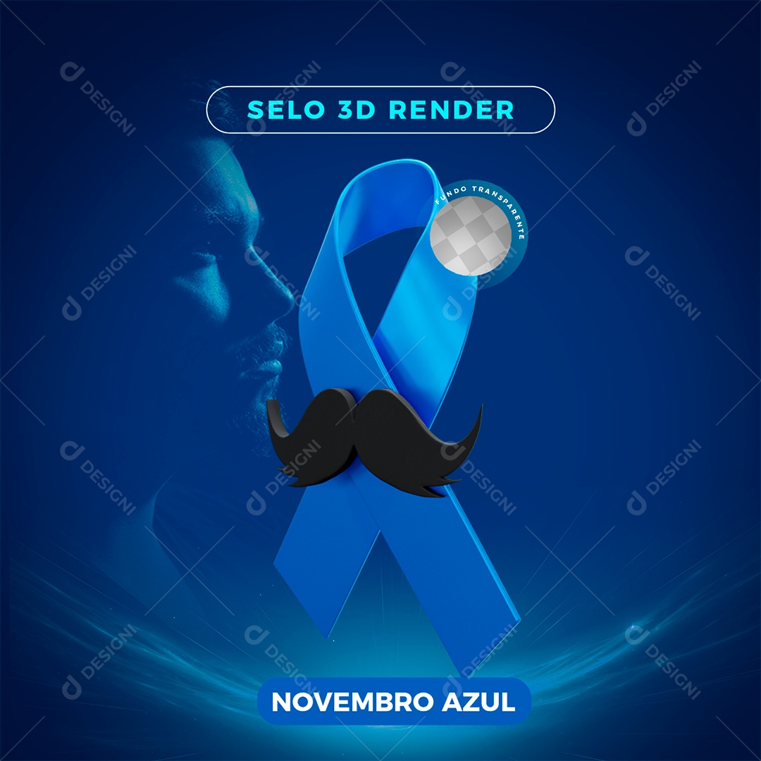 Novembro Azul Selo 3D Laço Bigode para Composição PSD