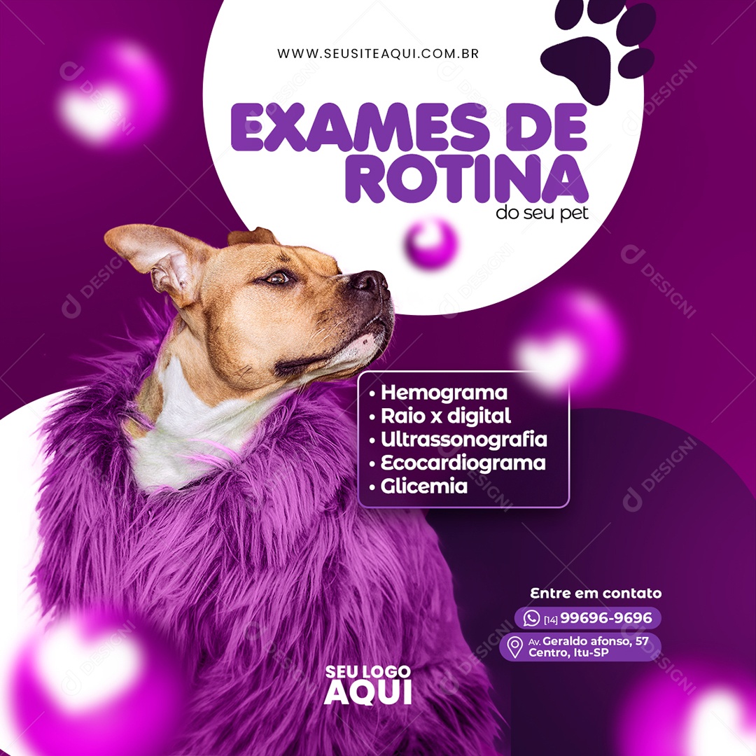 Pet Shop Clínica Veterinária Exames de Rotina do seu Pet Social Media PSD Editável