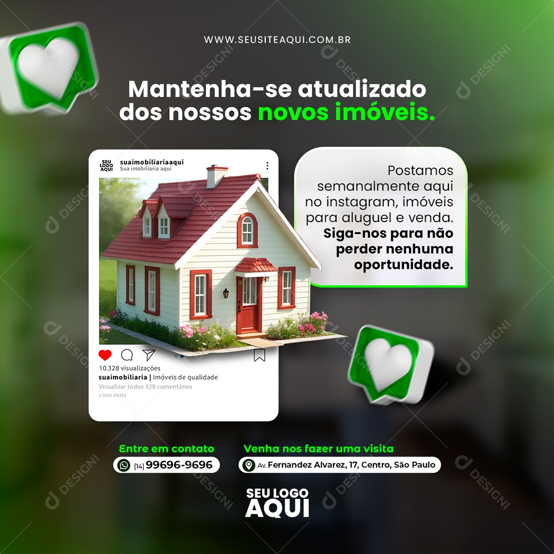 Imobiliária Mantenha se Atualizado dos nossos Novos Imóveis Social Media PSD Editável