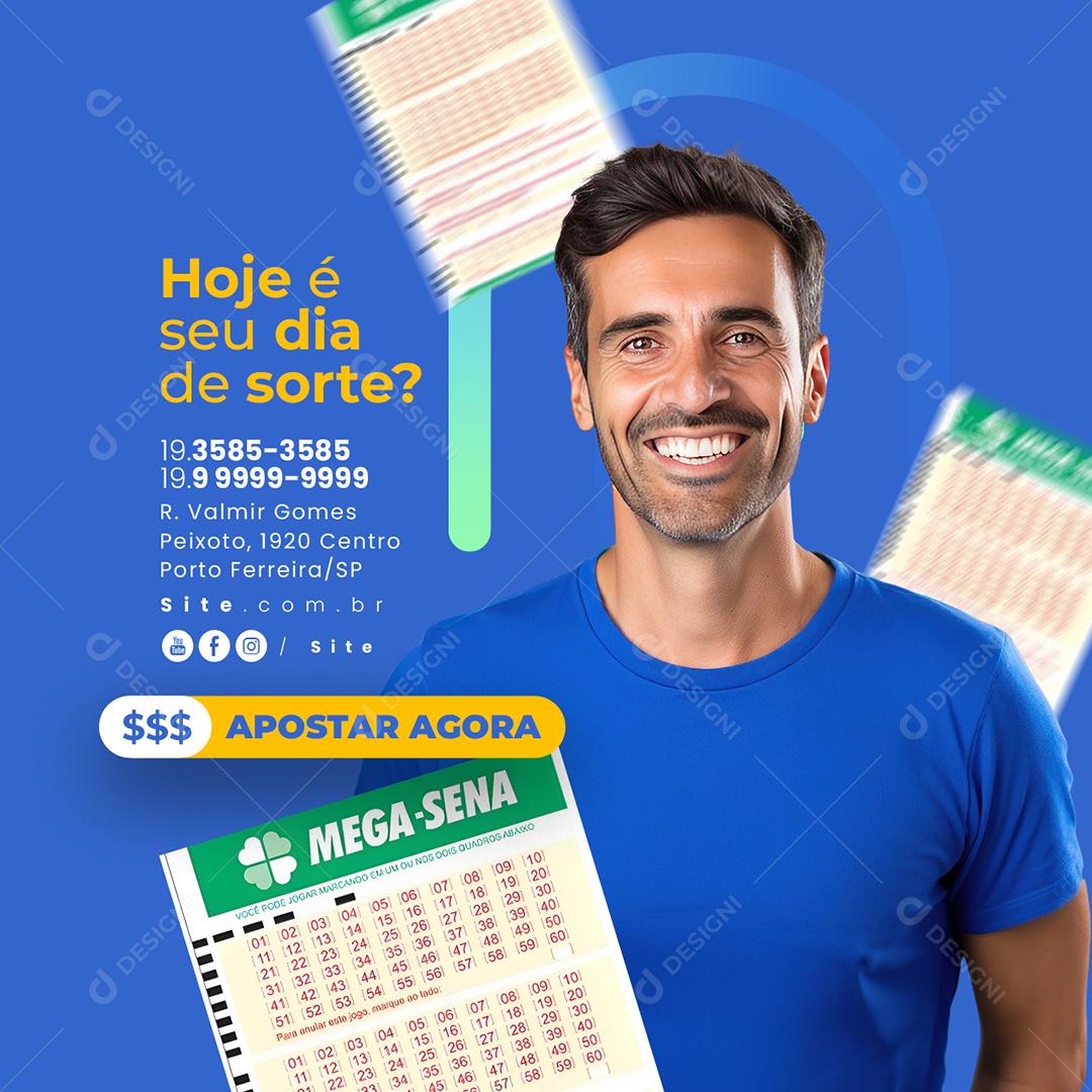 Lotérica Hoje é seu Dia de Sorte Apostar Agora Mega Sena Social Media PSD Editável