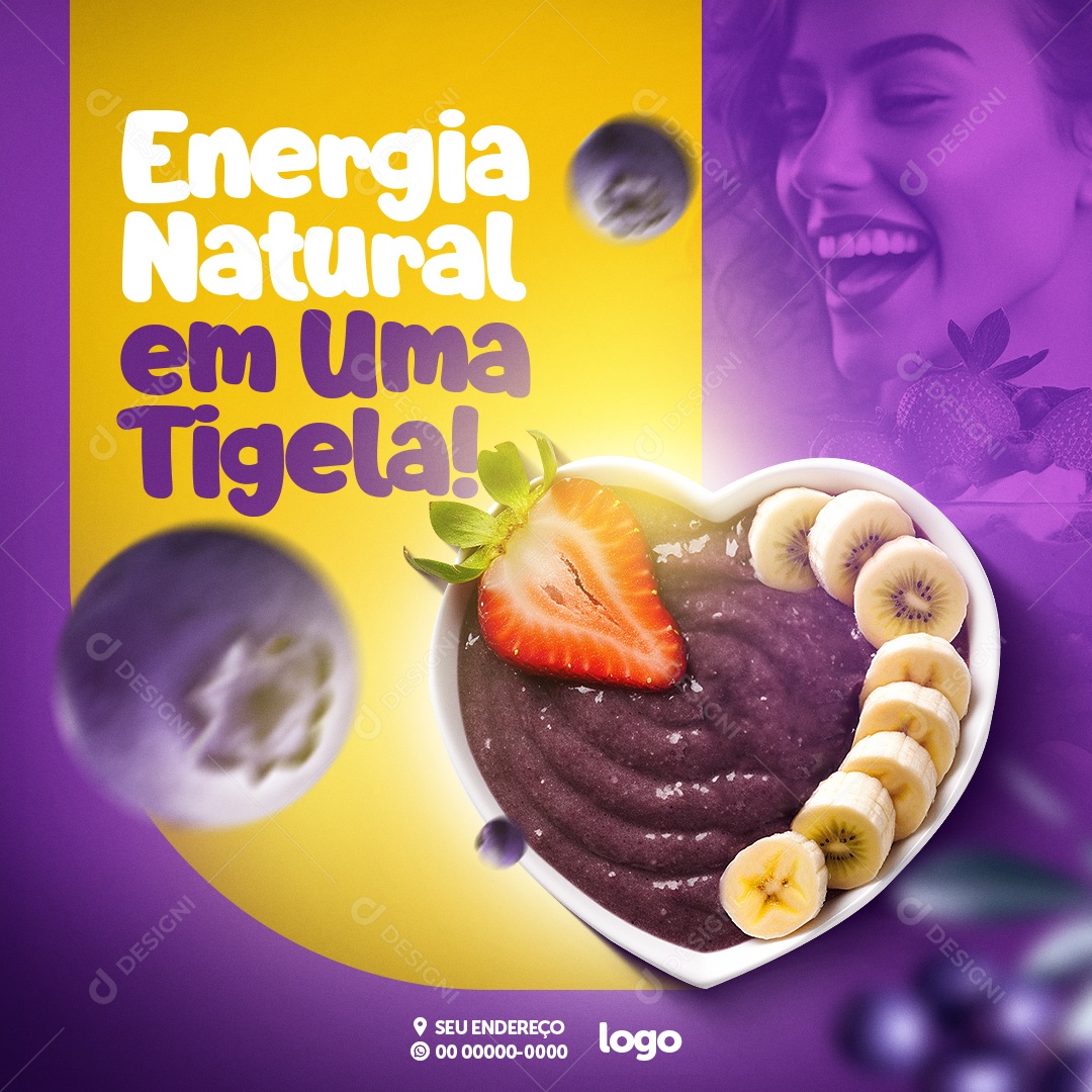 Açaiteria Energia Natural em Uma Tigela Social Media PSD Editável