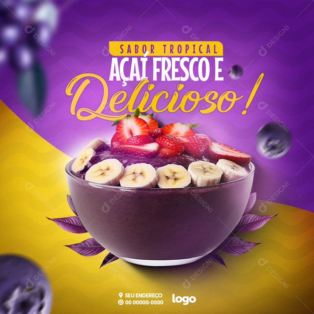 Açaiteria Sabor Tropical Açaí Fresco e Delicioso Social Media PSD Editável