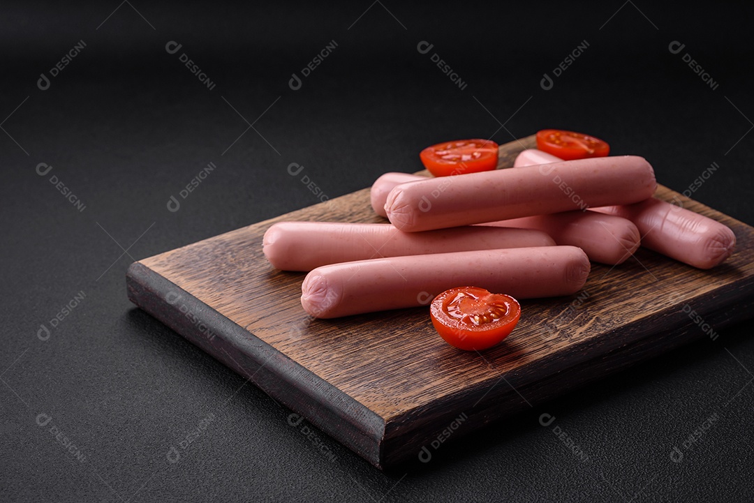 Salsichas cozidas em uma tábua de madeira com tomate, especiarias e sal sobre um fundo escuro de concreto