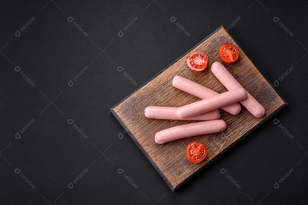 Salsichas cozidas em uma tábua de madeira com tomate, especiarias e sal sobre um fundo escuro de concreto