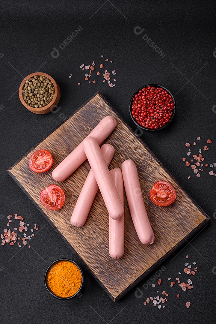 Salsichas cozidas em uma tábua de madeira com tomate, especiarias e sal sobre um fundo escuro de concreto
