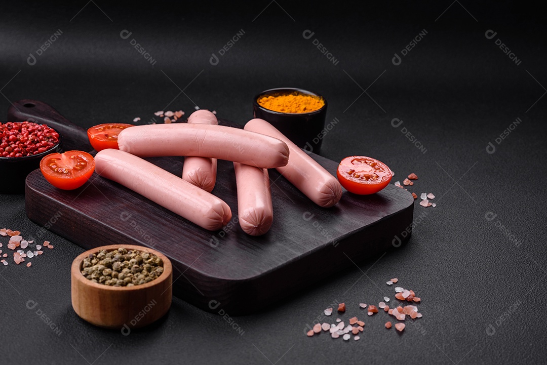 Salsichas cozidas em uma tábua de madeira com tomate, especiarias e sal sobre um fundo escuro de concreto