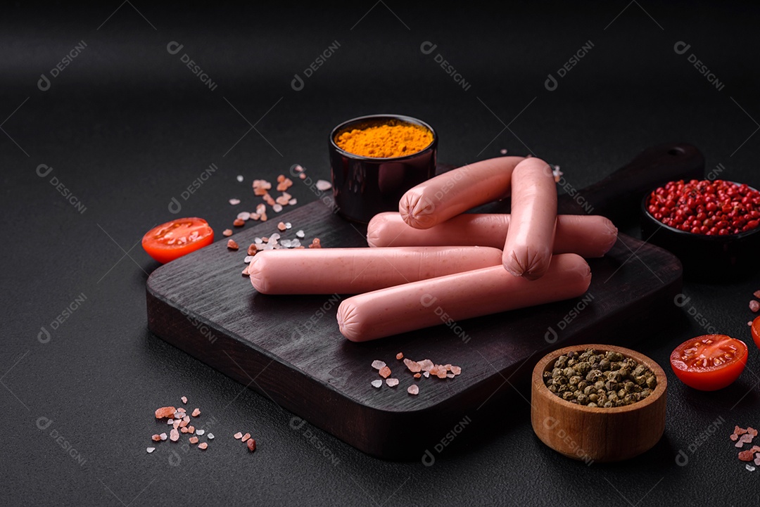 Salsichas cozidas em uma tábua de madeira com tomate, especiarias e sal sobre um fundo escuro de concreto