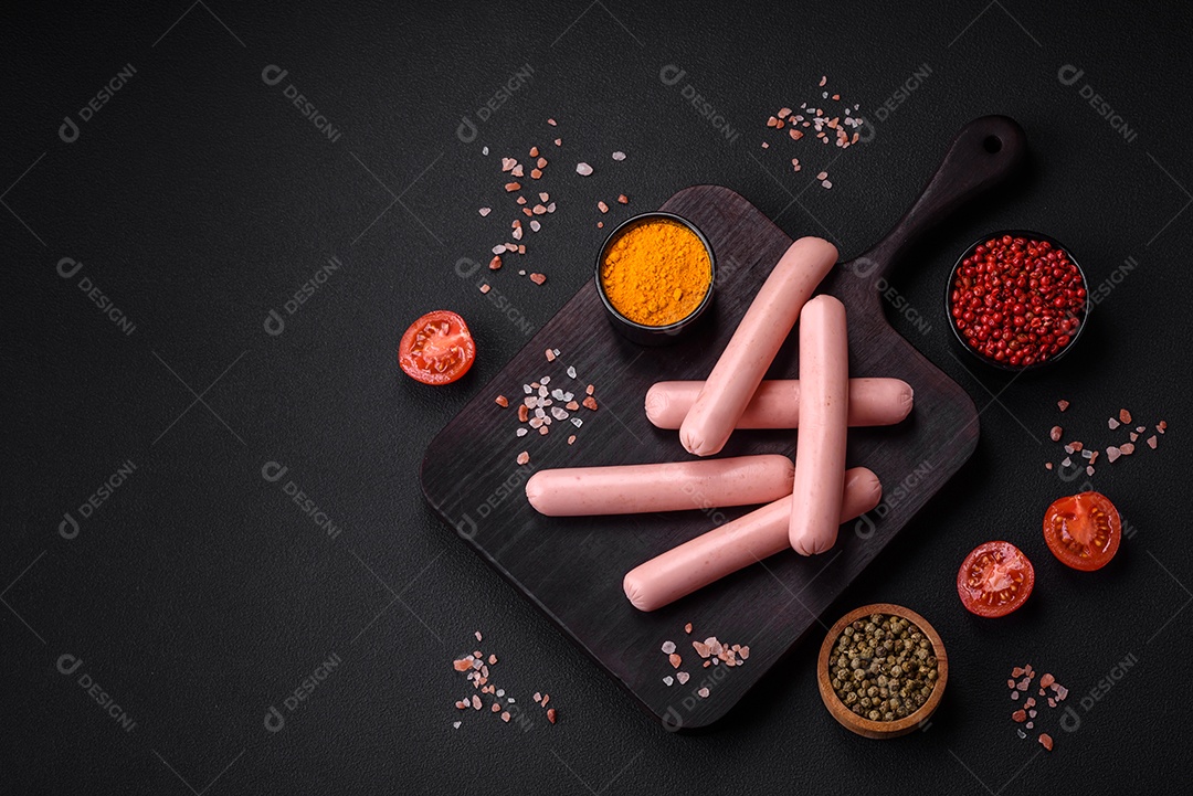 Salsichas cozidas em uma tábua de madeira com tomate, especiarias e sal sobre um fundo escuro de concreto
