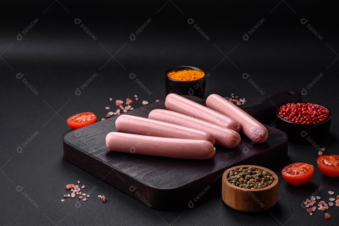Salsichas cozidas em uma tábua de madeira com tomate, especiarias e sal sobre um fundo escuro de concreto