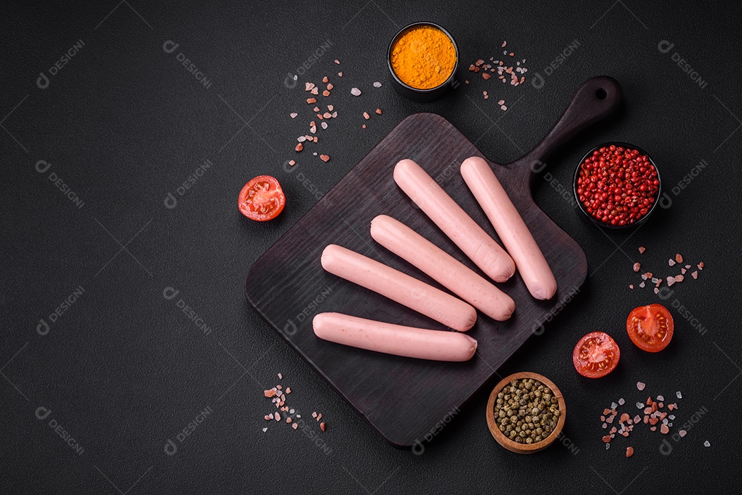 Salsichas cozidas em uma tábua de madeira com tomate, especiarias e sal sobre um fundo escuro de concreto
